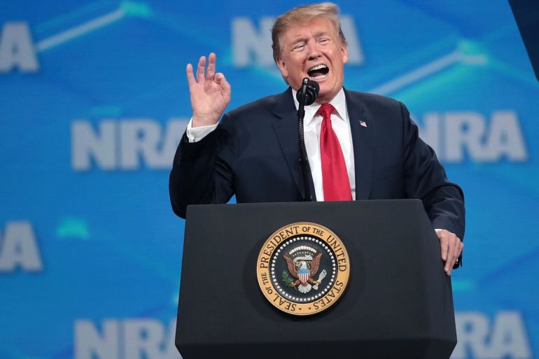 INDIANAPOLIS, INDIANA - APRIL 26: US President Donald Trump speaks to guests at the NRA-ILA Leadership Forum at the 148th NRA Annual Meetings & Exhibits on April 26, 2019 in Indianapolis, Indiana. The convention, which runs through Sunday, features more than 800 exhibitors and is expected to draw 80,000 guests. Scott Olson/Getty Images/AFP== FOR NEWSPAPERS, INTERNET, TELCOS & TELEVISION USE ONLY ==