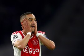AMSTERDAM, NETHERLANDS - APRIL 10: Hakim Ziyech of Amsterdam reacts during the UEFA Champions League Quarter Final first leg match between Ajax and Juventus at Johan Cruyff Arena on April 10, 2019 in Amsterdam, Netherlands. (Photo by Lars Baron/Getty Images)