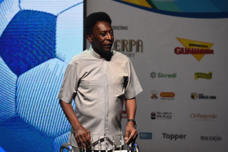 Pele the king of football in Rio de Janeiro Brazil- - RIO DE JANEIRO, BRAZIL - JANUARY 15: Edson Arantes do Nascimento, known in the World by the nickname of Pele, uses a walker to stand on stage, during the opening event of the 2018 Carioca Football Championship at Cidade das Artes in Rio de Janeiro, Brazil, on January 15, 2018. Pele was named Ambassador of the Carioca Championship, Regional Tournament with clubs of the city.