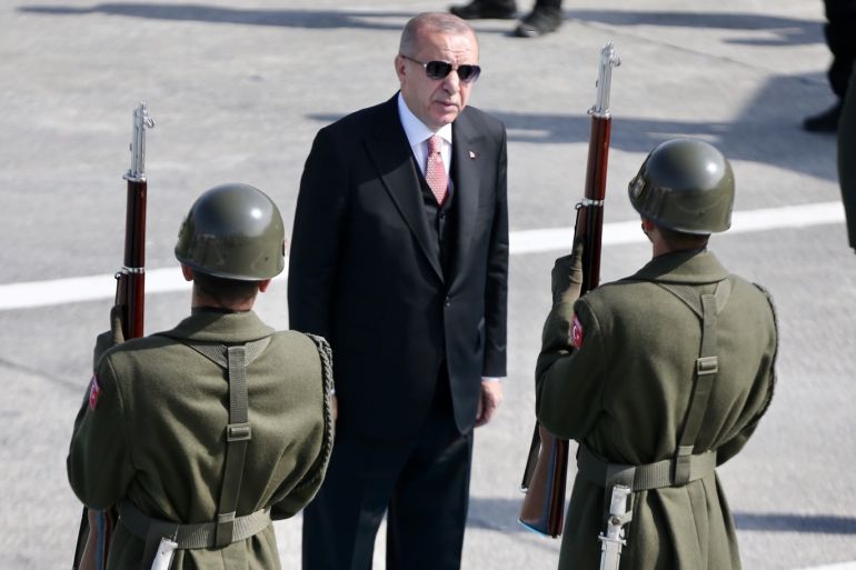 Turkish President Recep Tayyip Erdogan- - ISTANBUL, TURKEY - APRIL 08: Turkish President Recep Tayyip Erdogan greets guard of honor before his departure from Istanbul, Turkey to Moscow to attend Eighth Meeting of the Turkey-Russia High Level Cooperation Council on April 08, 2019.