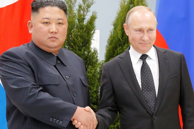 Russian President Vladimir Putin and North Korea's leader Kim Jong Un shake hands during their meeting in Vladivostok, Russia, April 25, 2019. Alexander Zemlianichenko/Pool via REUTERS TPX IMAGES OF THE DAY