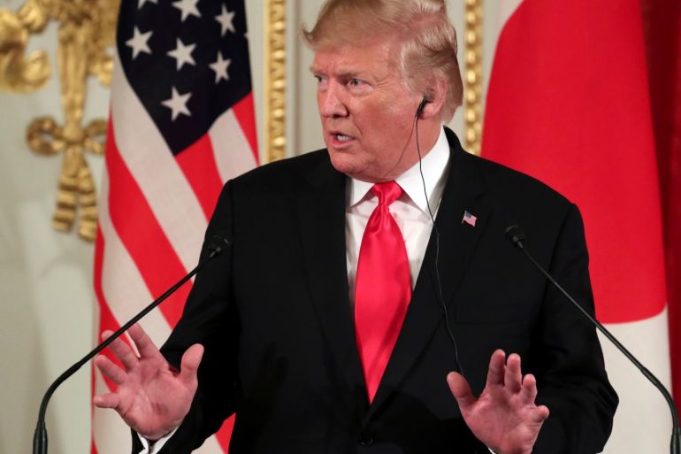 U.S. President Donald Trump gestures during a joint news conference with Japan's Prime Minister Shinzo Abe, at Akasaka Palace in Tokyo, Japan May 27, 2019. REUTERS/Athit Perawongmetha