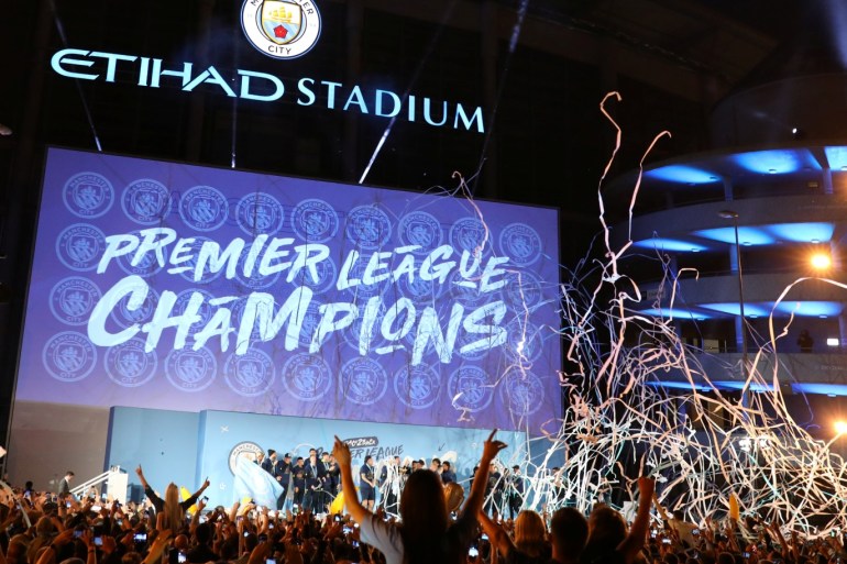 Soccer Football - Manchester City Premier League Title Celebrations - Etihad Stadium, Manchester, Britain - May 12, 2019 General view as Manchester City players celebrate winning the Premier League REUTERS/Phil Noble