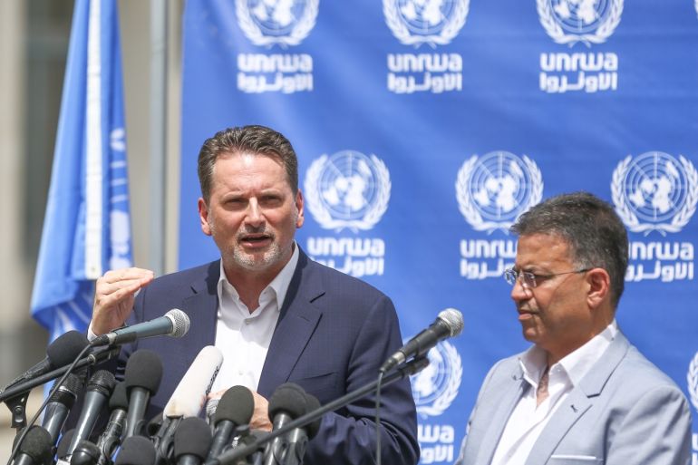 Commissioner-General of UNRWA Pierre Krahenbuhl- - GAZA CITY, GAZA - MAY 23: Commissioner-General for the United Nations Relief and Works Agency for Palestine Refugees in the Near East (UNRWA) Pierre Krahenbuhl (L) makes a speech as he holds a press conference at the UNRWA building in Gaza City, Gaza on May 23, 2019.