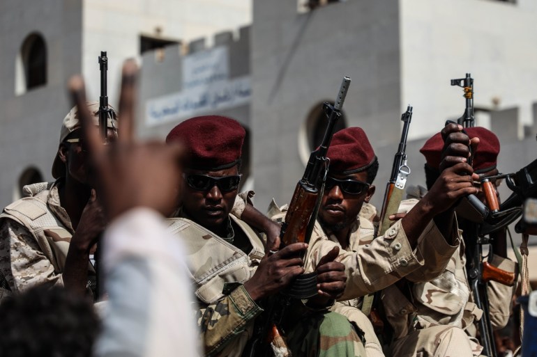 Demonstrations in Sudan- - KHARTOUM, SUDAN - APRIL 26: Sudanese police officers stand guards as Sudanese demonstrators gather to protest demanding a civilian transition government in front of military headquarters during ongoing demonstrations in Khartoum, Sudan on April 26, 2019.