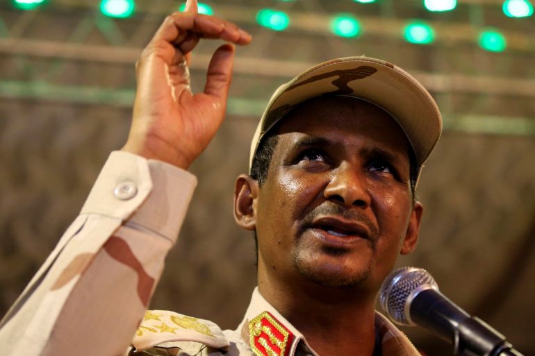 General Mohamed Hamdan Dagalo, head of the Rapid Support Forces (RSF) and deputy head of the Transitional Military Council (TMC) delivers an address after the Ramadan prayers and Iftar organized by Sultan of Darfur Ahmed Hussain in Khartoum, Sudan May 18, 2019. REUTERS/Mohamed Nureldin Abdallah