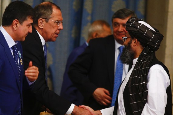 Afghan talks with Taliban in Moscow- - MOSCOW, RUSSIA - MAY 28: Representatives of Taliban led by Mullah Abdul Ghani Baradar (C) shakes hands with Russian Foreign Minister Sergey Lavrov (2nd L) during a meeting on Afghan talks with Afghan politicians within a conference marking a century of diplomatic relations between Afghanistan and Russia on May 28, 2019 in Moscow, Russia.Russian Foreign Minister Sergey Lavrov