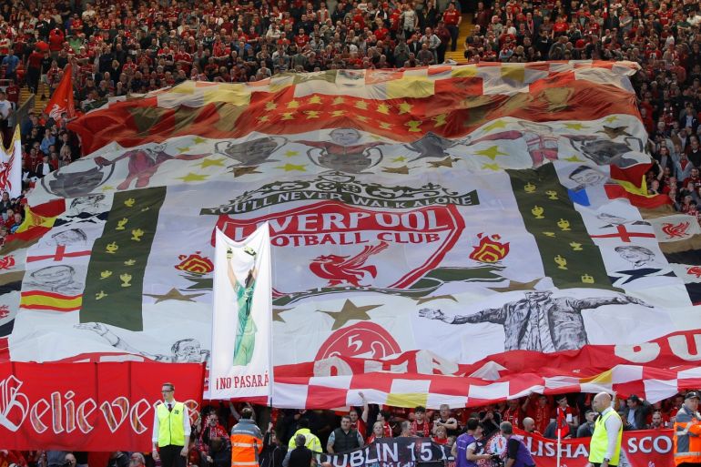 Soccer Football - Premier League - Liverpool v Wolverhampton Wanderers - Anfield, Liverpool, Britain - May 12, 2019 Liverpool fans display banners before the match REUTERS/Phil Noble EDITORIAL USE ONLY. No use with unauthorized audio, video, data, fixture lists, club/league logos or