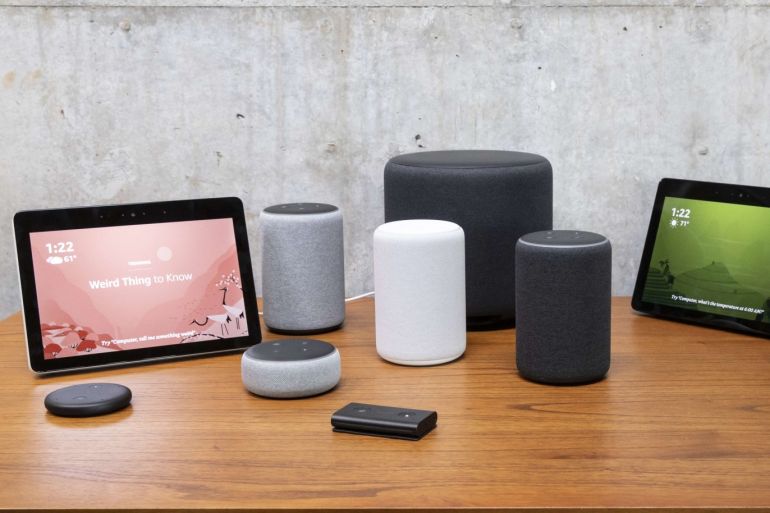 SEATTLE, WA - SEPTEMBER 20: An assortment of newly launched devices, including, an "Echo Input," "Echo Show, "Echo Plus," "Echo Sub," "Echo Auto" and "Firetv Recast" are pictured at Amazon Headquarters, follownig a launch event, on September 20, 2018 in Seattle Washington. Amazon launched more than 70 Alexa-enable products during the event. Stephen Brashear/Getty Images/AFP== FOR NEWSPAPERS, INTERNET, TELCOS & TELEVISION USE ONLY ==