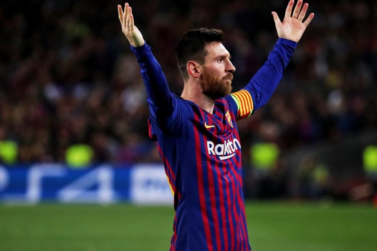 FC Barcelona - Liverpool FC: UEFA Champions League- - BARCELONA, SPAIN - MAY 1: Barcelona's Argentinian forward Lionel Messi celebrates after scoring a goal during semi finals of UEFA Champions League football match between FC Barcelona and Liverpool FC at the Camp Nou Stadium in Barcelona, Spain on May 1, 2019.