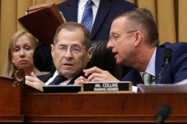WASHINGTON, DC - MAY 08: House Judiciary Committee Chairman Jerry Nadler (D-NY) (L) and ranking member Rep. Doug Collins (R-GA) talk during a mark-up hearing during which the committee will vote to hold Attorney General William Barr in contempt of Congress for not providing an un-redacted copy of special prosecutor Robert Mueller's report in the Rayburn House Office Building on Capitol Hill May 08, 2019 in Washington, DC. Just before Wednesday's hearing President Dona