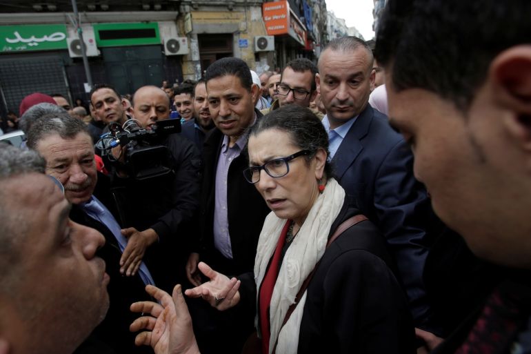 Louisa Hanoune (C), Leader of Algeria's Workers' Party speaks with people during a campaign stop in Algiers, Algeria April 28, 2017. Picture taken April 28, 2017. REUTERS/Ramzi Boudina
