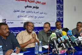 Sudan opposition rejects deadline for handover of power- - KHARTOUM, SUDAN - APRIL 24 : Members of the Freedom and Change Charter Fatih Huseyin (R), Siddiq Farouk Al-Sheikh (2nd R), Omar el-Degeir (C), Muawia Shaddad (2nd L) and Ayman Khalid (L) give press conference in Khartoum, Sudan, April 24, 2019. Opposition leaders rejected the proposal at the joint press conference held in Khartoum by representatives of the Sudanese Professionals Association (SPA), the opposition