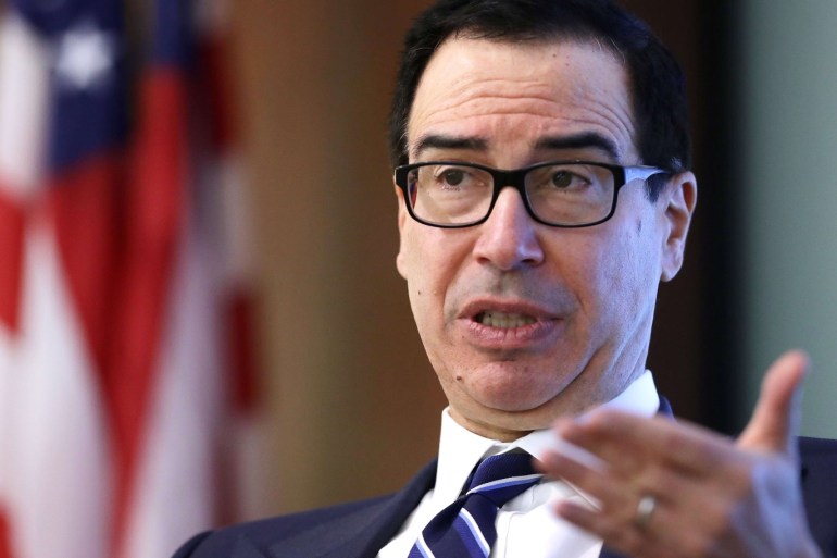 ARLINGTON, VIRGINIA - APRIL 24: U.S. Treasury Secretary Steven Mnuchin addresses a conference on financial technology, or fintech, at the Federal Deposit Insurance Corporation April 24, 2019 in Arlington, Virginia. The FDIC and Duke University's Fuqua School of Business and Innovation and Entrepreneurship Initiative hosted conference on