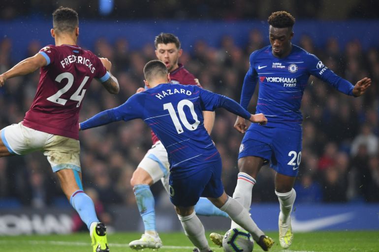 LONDON, ENGLAND - APRIL 08: Eden Hazard of Chelsea (10) is accidentally blocked by team mate Callum Hudson-Odoi (20) as he shoots during the Premier League match between Chelsea FC and West Ham United at Stamford Bridge on April 08, 2019 in London, United Kingdom. (Photo by Mike Hewitt/Getty Images)