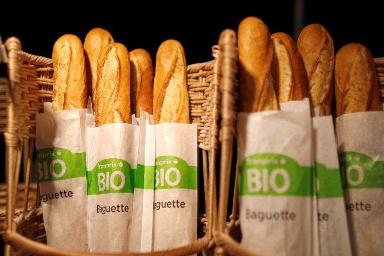 Loaves of French baguettes are displayed in the bread section at a Franprix supermarket in Paris, France, April 17, 2019. REUTERS/Charles Platiau