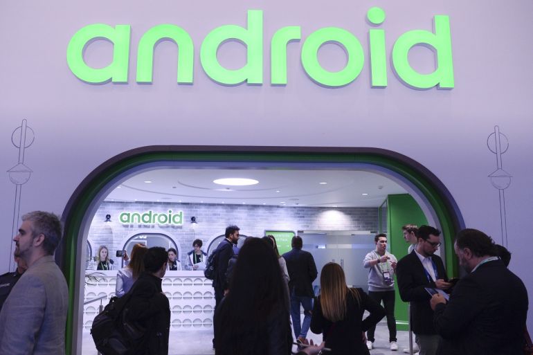 Mobile World Congress 2019 in Barcelona- - BARCELONA, SPAIN - FEBRUARY 26: Visitors walk past the Android stand during the second day at the mobile World Congress 2019 in Barcelona, Spain on February 26, 2019.