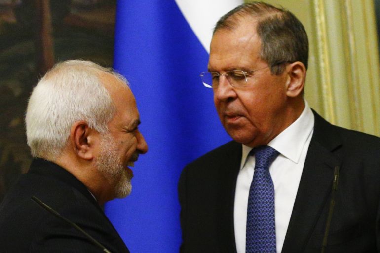 Iranian Foreign Minister Mohammad Javad Zarif in Moscow- - MOSCOW, RUSSIA - MAY 8: Iranian Foreign Minister Mohammad Javad Zarif (L) and Russian Foreign Minister Sergey Lavrov (R) hold joint press conference in Moscow, Russia on May 8, 2019.