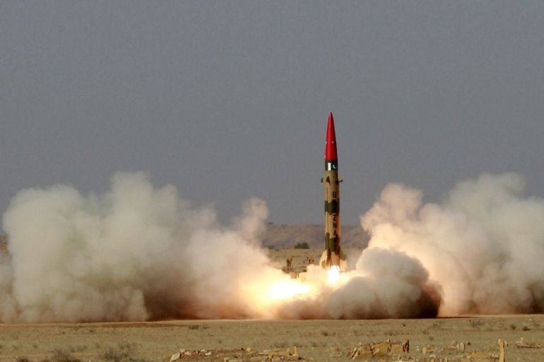 Pakistan's Ghaznavi (Hatf III) ballistic missile with a range of 300 km (185 miles) takes off during a test flight from an undisclosed location February 13, 2008. Pakistan successfully test fired a short-range nuclear-capable missile on Wednesday as part of its efforts to boost its defence capabilities, the military said. REUTERS/Stringer (PAKISTAN)