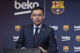 Sponsorship agreement between FC Barcelona and Beko- - BARCELONA, SPAIN - FEBRUARY 15: FC Barcelona's Chairman Josep Maria Bartomeu and Vice president of the Koc Holding administration council Ali Koc (not seen) hold a joint press conference as Barcelona FC and Beko announce a sponsorship agreement, at Camp Nou Auditorium 1899 in Barcelona, Spain on February 15, 2018.