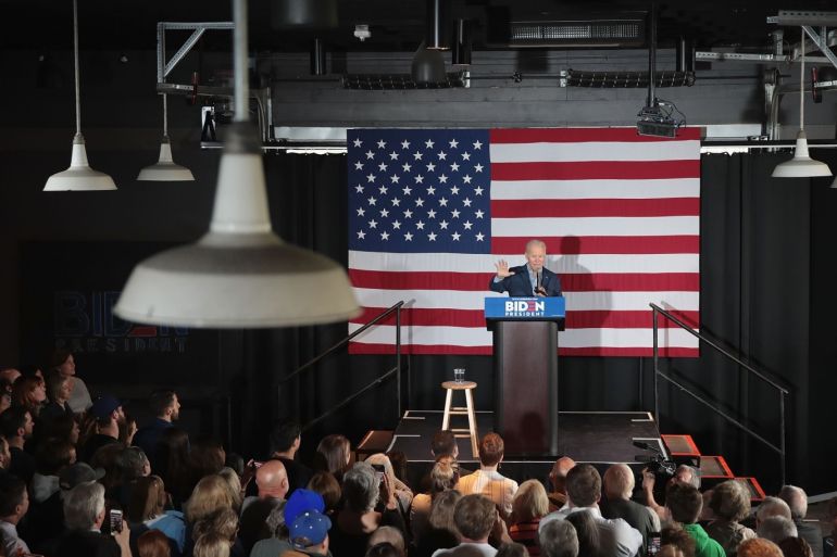 IOWA CITY, IOWA MAY 01: Democratic presidential candidate and former vice president Joe Biden speaks to guests during a campaign event at Big Grove Brewery and Taproom on May 1, 2019 in Iowa City, Iowa. Biden is on his first visit to the state since announcing that he was officially seeking the Democratic nomination for president. Scott Olson/Getty Images/AFP== FOR NEWSPAPERS, INTERNET, TELCOS & TELEVISION USE ONLY ==