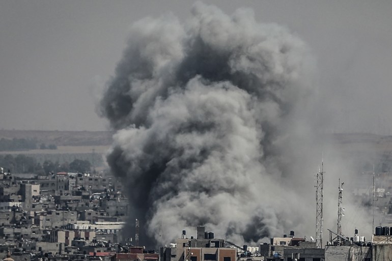 Israeli air raids on the blockaded Gaza Strip- - GAZA CITY, GAZA - MAY 05: Smoke rises after Israeli warplanes carried out airstrikes in Gaza City, Gaza on May 05, 2019.
