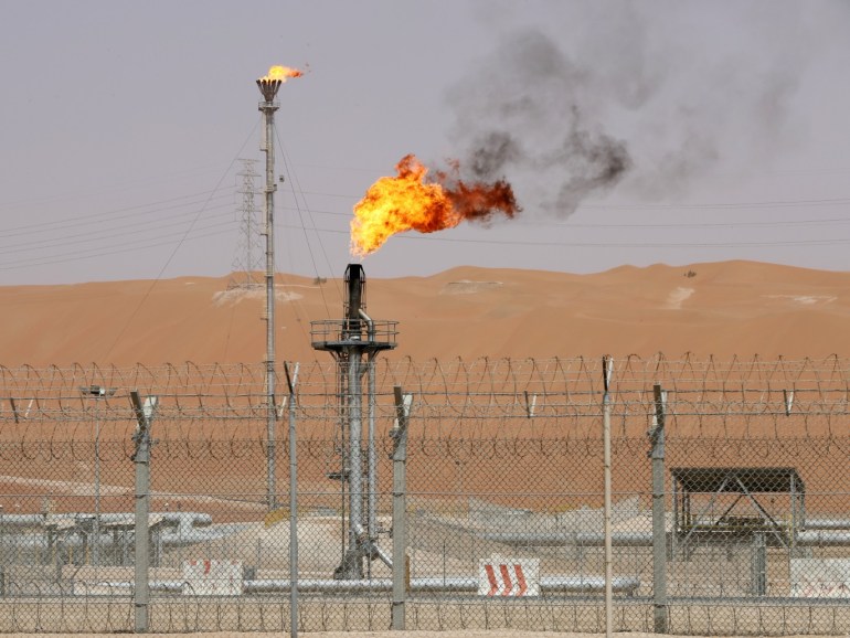 Flames are seen at the production facility of Saudi Aramco's Shaybah oilfield in the Empty Quarter, Saudi Arabia May 22, 2018. Picture taken May 22, 2018. REUTERS/Ahmed Jadallah