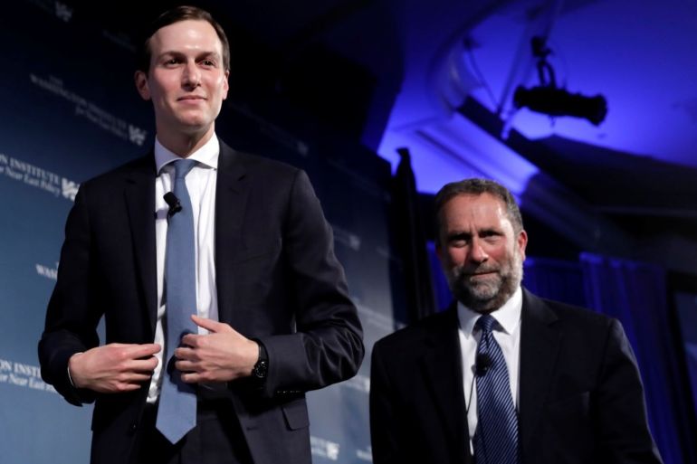 White House senior adviser Jared Kushner (L), U.S. President Donald Trump's son-in-law, leaves with Rob Satloff, executive director of the Washington Institute for Near East Policy (WINEP), after a discussion on "Inside the Trump Administration's Middle East Peace Effort" at a dinner symposium in Washington, U.S., May 2, 2019. REUTERS/Yuri Gripas