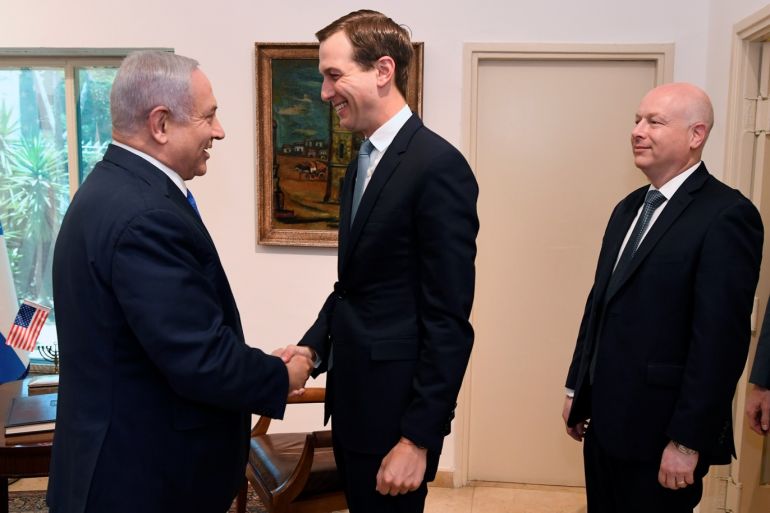 Israeli Prime Minister Benjamin Netanyahu greets Senior White House advisor Jared Kushner and Middle East envoy Jason Greenblatt, during their meeting in Jerusalem May 30, 2019. Matty Stern/U.S. Embassy Jerusalem/Handout via REUTERS ATTENTION EDITORS - THIS IMAGE HAS BEEN SUPPLIED BY A THIRD PARTY. *** Local Caption *** ????? ????? ?? ????? ????? ?'??? ?????, ????? ?????? ???? ???? ?'????? ??????? ?????? ?????? ????? ????? ????? ??? ????? ???? ??????? (30 ????, 2019)