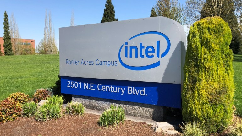 A sign is seen outside the Intel corporate campus in Hillsboro, Oregon, U.S., April 25, 2018. Picture taken April 25, 2018. REUTERS/Caroline Humer