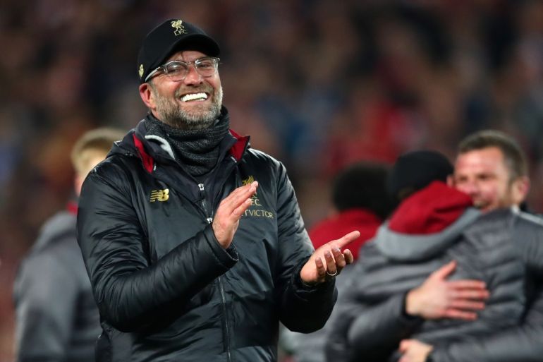 LIVERPOOL, ENGLAND - MAY 07: Jurgen Klopp, Manager of Liverpool celebrates following his sides victory in the UEFA Champions League Semi Final second leg match between Liverpool and Barcelona at Anfield on May 07, 2019 in Liverpool, England. (Photo by Clive Brunskill/Getty Images)