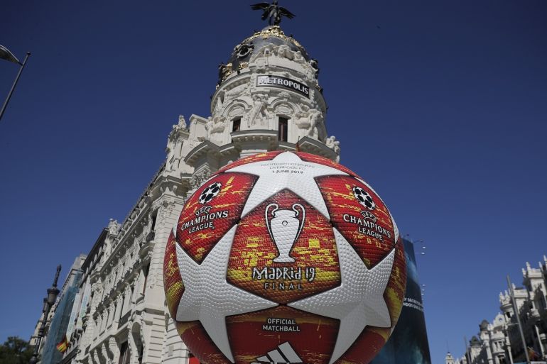 Ahead of UEFA Champions League final- - MADRID, SPAIN - MAY 30 : A view of the advertisement of the 2019 Champions League Final in Madrid, Spain on May 30, 2019. Madrid will host the UEFA Champions League final between Liverpool FC and Tottenham Hotspur on June 1, 2019 at the Wanda Metropolitano Stadium.