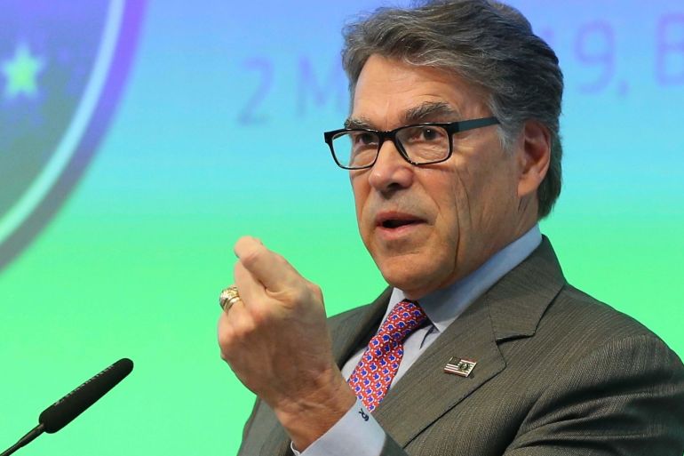 EU-U.S Energy Council B2B Forum on LNG- - BRUSSELS, BELGIUM - MAY 02 : US Secretary of Energy Rick Perry speaks during the 1st EU-U.S. Energy Council High-Level B2B Forum on LNG at the European Commission in Brussels, Belgium on May 2, 2019. European Commissioner for Climate Action and Energy Miguel Arias Canete (not seen) and Executive director of the International Energy Agency, Fatih Birol (not seen) also attended the forum.