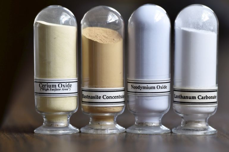 Samples of rare earth minerals from left, Cerium oxide, Bastnasite, Neodymium oxide and Lanthanum carbonate are on display during a tour of Molycorp's Mountain Pass Rare Earth facility in Mountain Pass, California June 29, 2015. REUTERS/David Becker