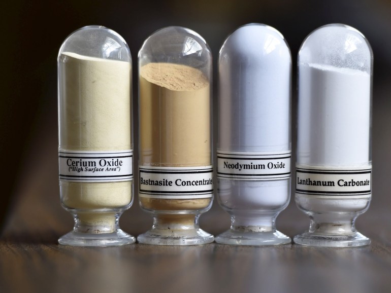 Samples of rare earth minerals from left, Cerium oxide, Bastnasite, Neodymium oxide and Lanthanum carbonate are on display during a tour of Molycorp's Mountain Pass Rare Earth facility in Mountain Pass, California June 29, 2015. REUTERS/David Becker