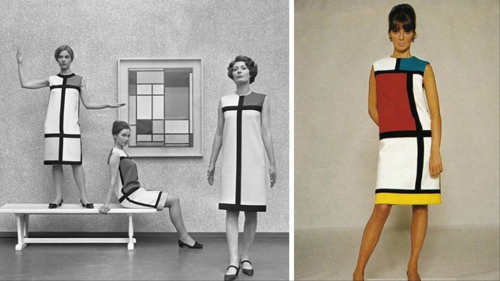 كشفت المصممة إيف سان لوران عام 1965 عن سلسلة من الفساتين المستوحاة من أعمال الفنان بيت موندريان (مواقع التواصل)