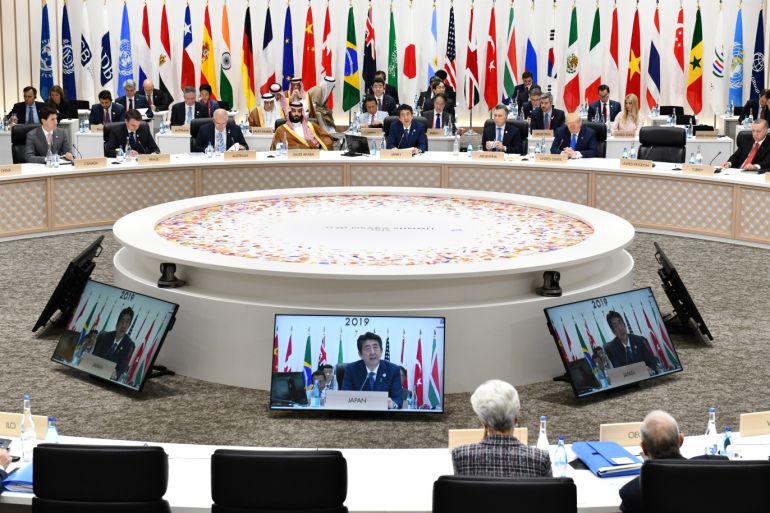 OSAKA, JAPAN - JUNE 29: Shinzo Abe, Japan's prime minister (C) speaks during the session 3 at the G20 summit on June 29, 2019 in Osaka, Japan. U.S. President Donald Trump and Chinese President Xi Jinping agreed to resume trade negotiations on Saturday during their meeting in Osaka at the annual Group of 20 summit, in an attempt to resolve a trade deal between the world's two largest economies. According to reports, both leaders agreed that the U.S. would not impose new tariffs during their discussion as world leaders met in Osaka during the two-day G20 summit to discuss economic, environmental and geopolitical issues. (Photo by Kazuhiro NOGI - Pool/Getty Images)