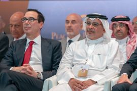 US-led economic conference in Bahrain- - MANAMA, BAHREIN - JUNE 25: Crown Prince of Bahrain Salman bin Hamad bin Al Khalifa (C) and Jared Kushner (R), U.S. President Donald Trump’s senior White House adviser and son-in-law attend the opening ceremony of Bahrain Workshop in Manama, Bahrain on June 25, 2019. A U.S.-led conference on its back-channel Middle East peace plan