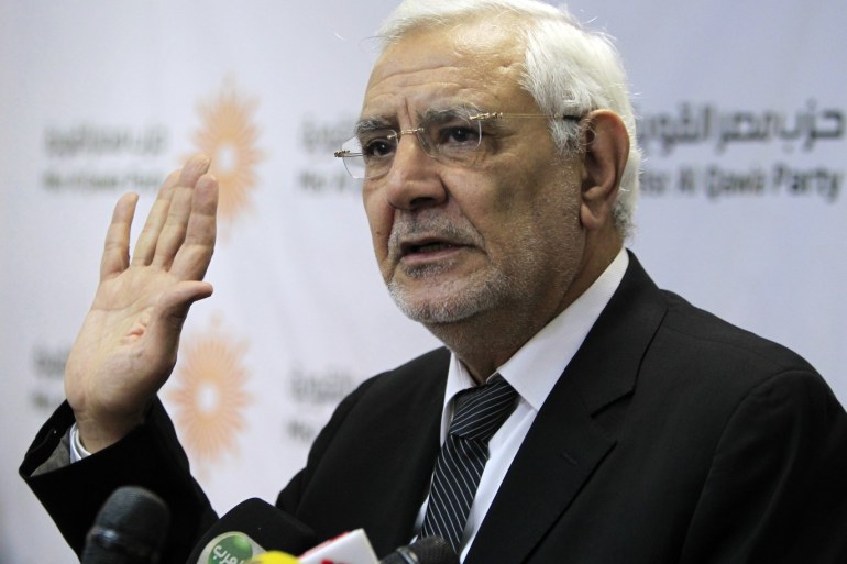 Chairman of the Masr El Kaweya (Strong Egypt) party, Abdel Moneim Aboul Fotouh, speaks during a news conference in Cairo February 4, 2015. The party announced on Wednesday that they will boycott the upcoming long-awaited parliamentary elections. REUTERS/Mohamed Abd El Ghany (EGYPT - Tags: POLITICS ELECTIONS)