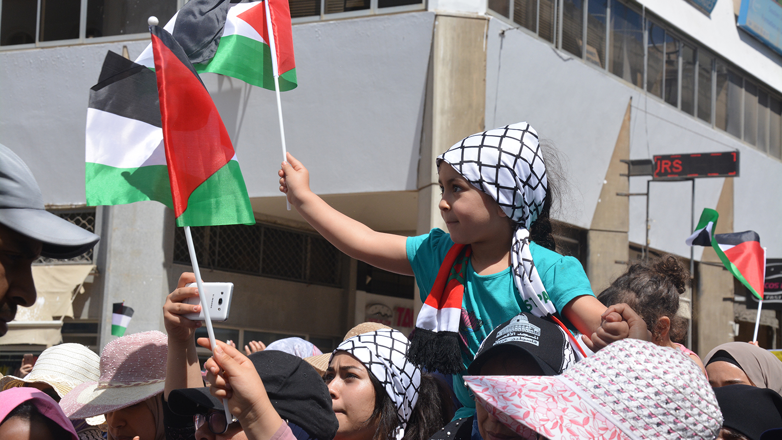 ‪طفلة شاركت في المسيرة تحمل العلم الفلسطيني‬ (الجزيرة)