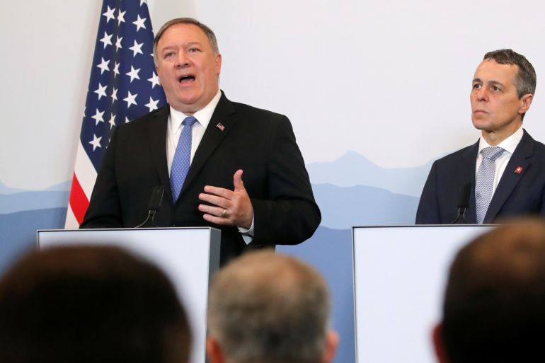 U.S. Secretary of State Mike Pompeo and Swiss Foreign Minister Ignazio Cassis attend a joint news conference at the medieval Castelgrande castle in Bellinzona, Switzerland June 2, 2019. REUTERS/Arnd Wiegmann