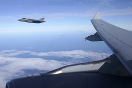 OXFORD, ENGLAND - FEBRUARY 19: An F35-B Lightning stealth jets, which will take over capabilities from Tornado force, fly off the wing of an RAF Voyager during air to air refueling, as Tornado GR4's take part in farewell fly-past over Britain on February 19, 2019 in Oxford, England. Nicknamed the
