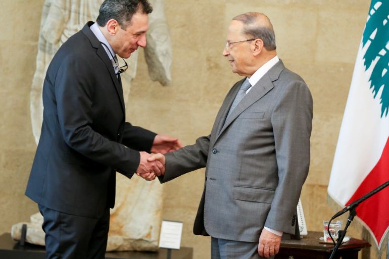 Lebanese President Michel Aoun meets with freed Lebanese businessman Nizar Zakka, who had been detained in Iran since 2015, at the presidential palace in Baabda, Lebanon June 11, 2019. REUTERS/Mohamed Azakir