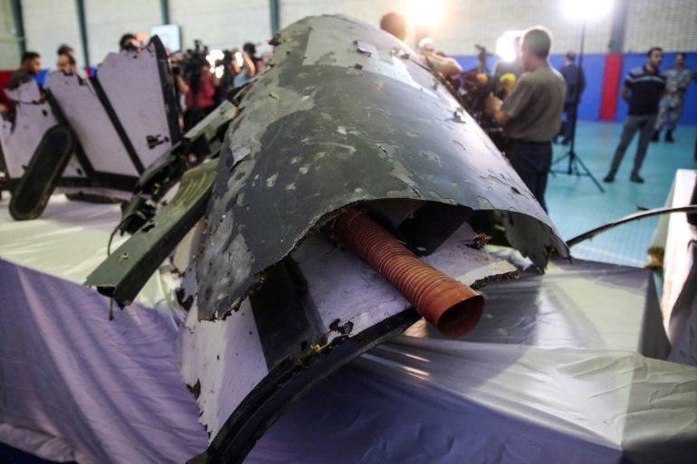 REFILE - UPDATING BYLINE The purported wreckage of the American drone is seen displayed by the Islamic Revolution Guards Corps (IRGC) in Tehran, Iran June 21, 2019. Meghdad Madadi/Tasnim News Agency/Handout via REUTERS ATTENTION EDITORS - THIS IMAGE WAS PROVIDED BY A THIRD PARTY.
