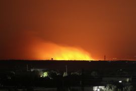 Attacks in Syria's Idlib- - IDLIB, SYRIA - JUNE 01: A blast illuminates the night sky after an alleged napalm bomb attack by Assad Regime and Russia in the de-escalation zone of Khan Shaykhun town of Syria's Idlib on June 01, 2019. It is claimed that crops in a cultivation field were destroyed with napalm bomb. Four civilians were reported dead in the attacks carried out after the iftar (fast-breaking) meal time in Idlib de-escalation zone.