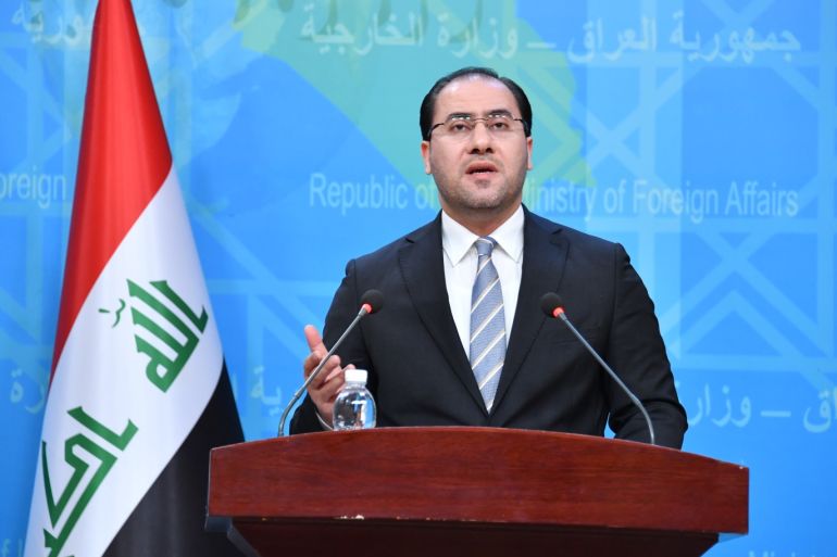 Iraqi Ministry of Foreign Affairs Spokesman Ahmed Alsahaf - - BAGHDAD, IRAQ - FEBRUARY 27 : Iraqi Ministry of Foreign Affairs Spokesman, Ahmed Alsahaf speaks during a press conference at the Foreign Ministry in Baghdad, Iraq on February 27, 2019.
