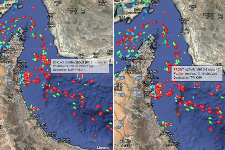 كومبو صور السفن (موقع سفينة فونت التير في خليج عمان وفق موقع مارين ترافيك المتخصص بحركة السفن)