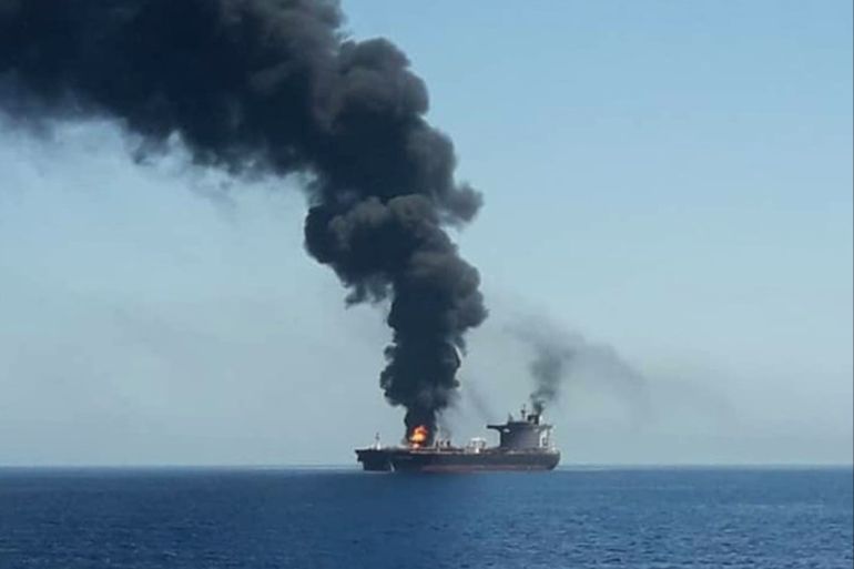 epa07645239 A handout photo made available by Iran's official state TV (IRIB) allegedly shows the crude oil tanker Front Altair on fire in the Gulf of Oman, 13 June 2019. According to the Norwegian Maritime Authority, the Front Altair is currently on fire in the Gulf of Oman after allegedly being attacked and in the early morning of 13 June between the UAE and Iran. EPA-EFE/IRIB NEWS HANDOUT BEST QUALITY AVAILABLE. MANDATORY CREDIT. HANDOUT EDITORIAL USE ONLY/NO SALES