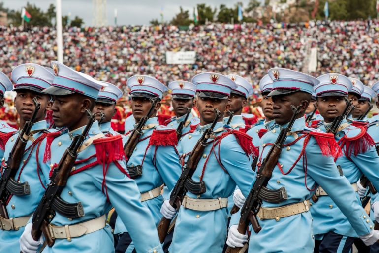 epa07675265 Malagasy armed forces parade during the celebration of the 59th anniversary of Madagascar's independence, Antananarivo, Madagascar, 26 June 2019.