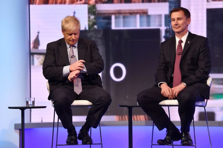 LONDON, ENGLAND - JUNE 18: In this handout photo provided by the BBC, (L-R) MP Boris Johnson and Secretary of State for Foreign Affairs Jeremy Hunt participate in a Conservative Leadership televised debate on June 18, 2019 in London, England. Emily Maitlis hosts the second of the televised Conservative Leadership debates for the BBC. Boris Johnson, Michael Gove, Jeremy Hunt, Rory Stewart and Sajid Javid made it through the second ballot while Dominic Raab did not. The t